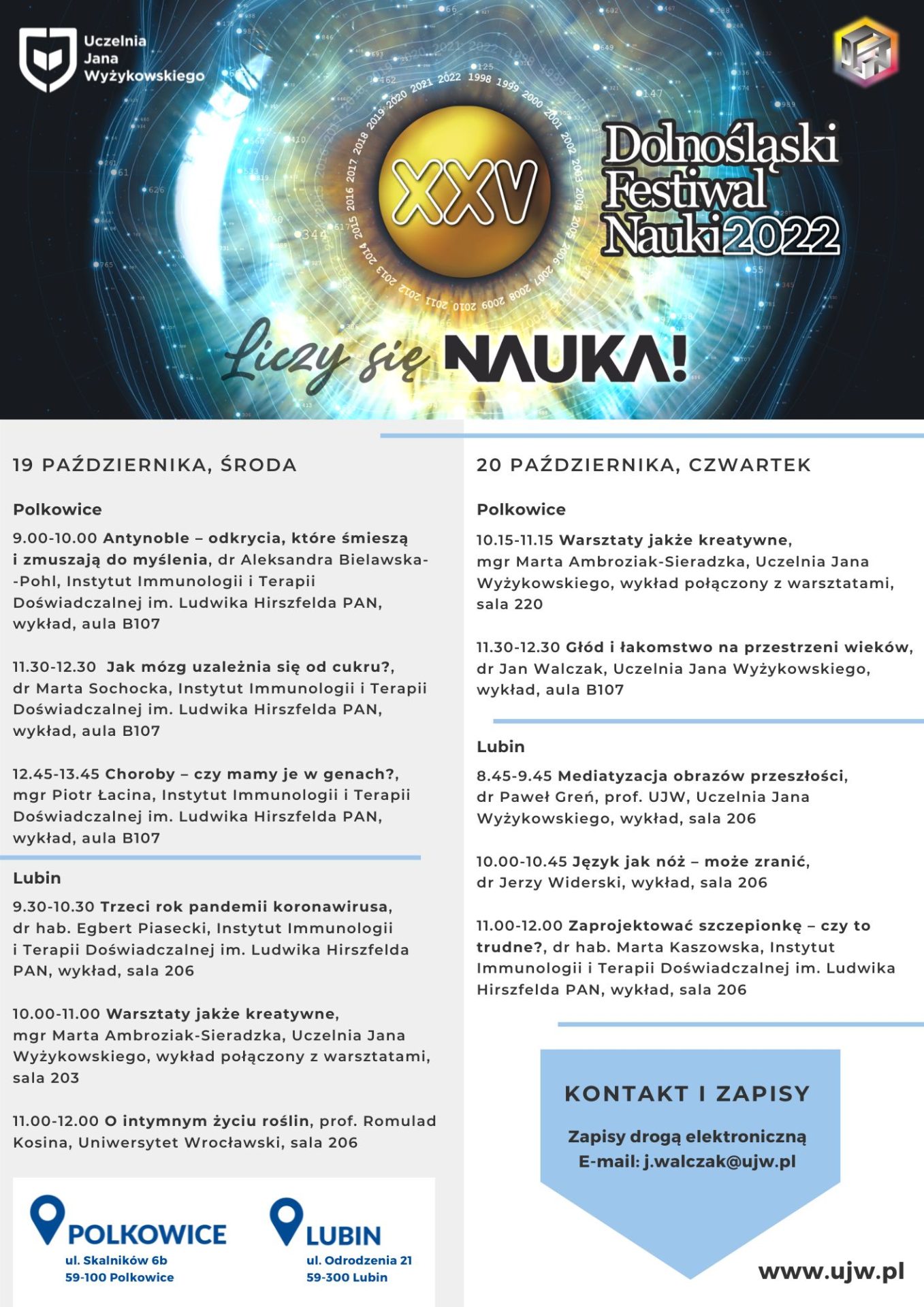 Program for the 25th Lower Silesian Science Festival 2022 at UJW, under the theme “Science Matters.”