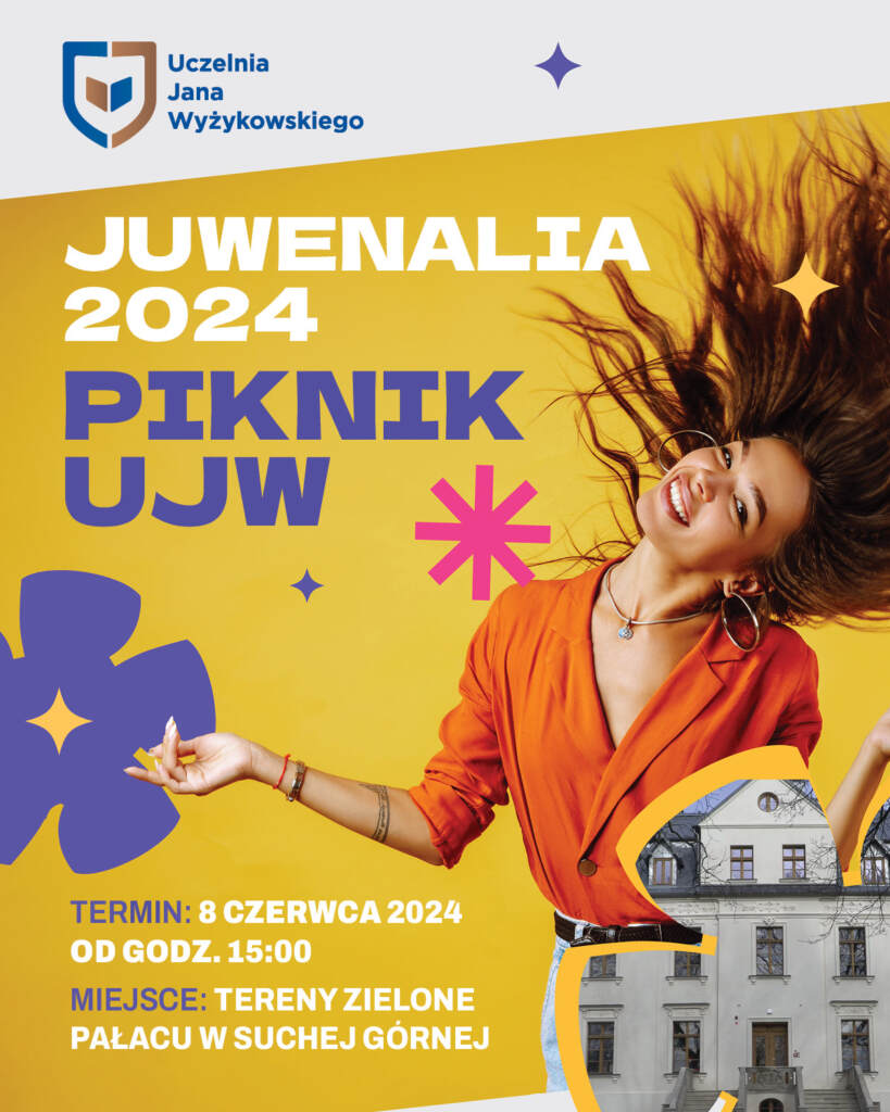 Plakat informujący o Juwenaliach 2024- Piknik UJW. Z lewej strony radosna, tańcząca młoda kobieta