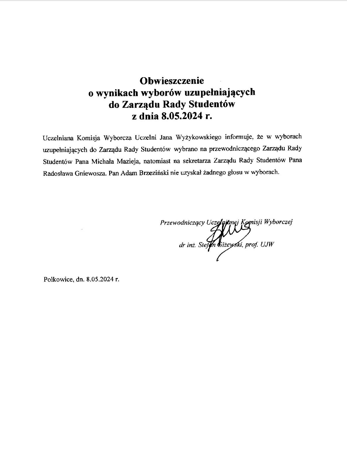 Treść obwieszczenia o wynikach wyborów uzupełniających do zarządu rady studentów
