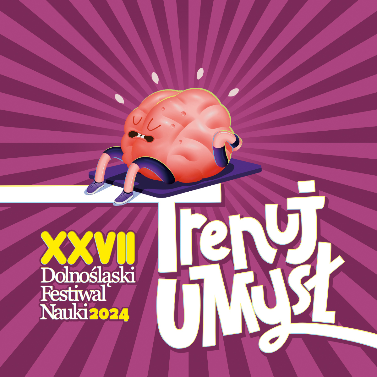 XXVII Dolnośląski Festiwal Nauki 2024 - Trenuj umysł. Ilustracja mózgu ćwiczącego na macie.