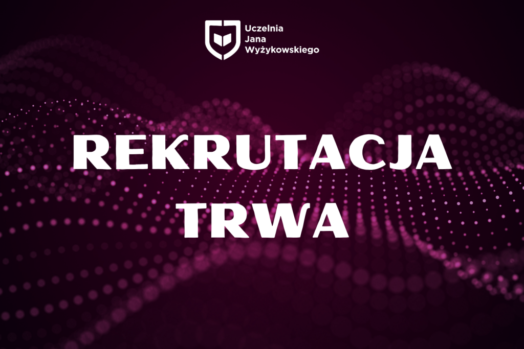 na środku biały napis rekrutacja trwa, na górze białe logo UJW, w tle różowe kropeczki