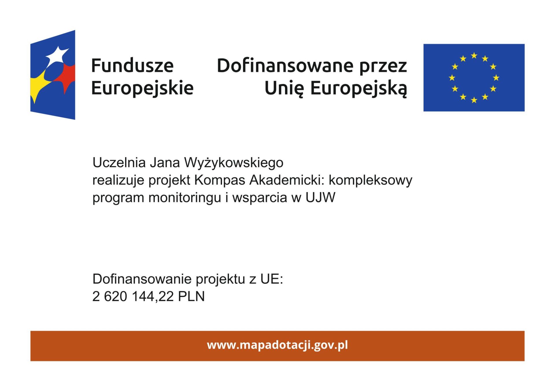 Kompas Akademicki: kompleksowy program monitoringu i wsparcia w UJW. Dofinansowanie projektu z Unii Europejskiej: 2 620 144,22 PLN.