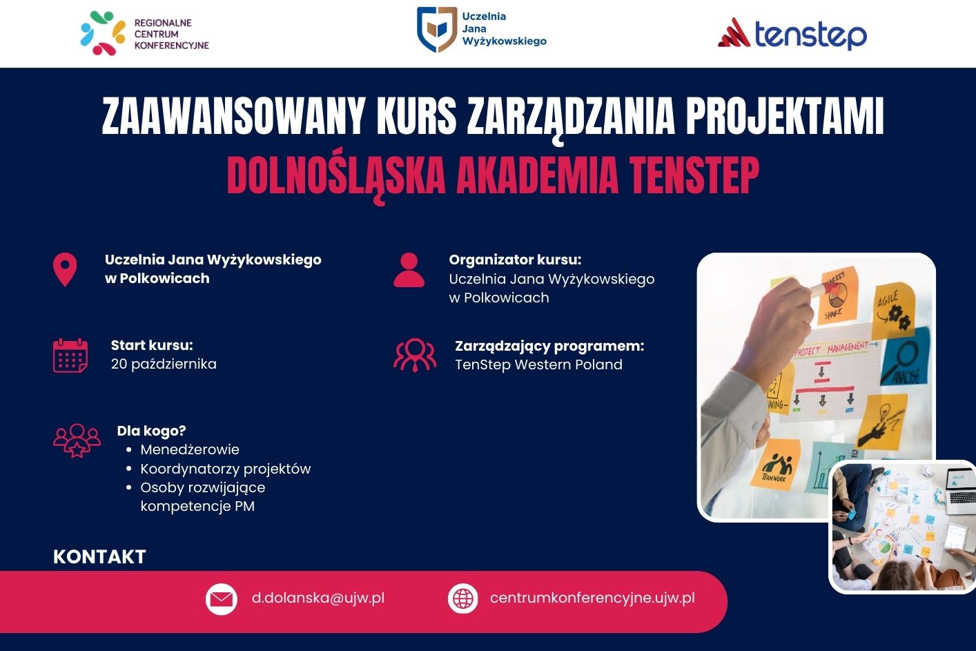 dolnoslaska akademia tenstep. granatwoy plakat, czerwone i biale napisy, grafika z projektami, dane kontaktowe, loga: UJW, TenStep i RCK