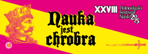 różowo- żółty obrazek z czarnym napisem na środku- nauka jest chrobra. jest to obrazke promoujący 28 edycję DFN 