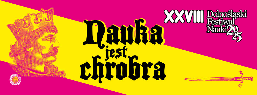 różowo- żółty obrazek z czarnym napisem na środku- nauka jest chrobra. jest to obrazke promoujący 28 edycję DFN