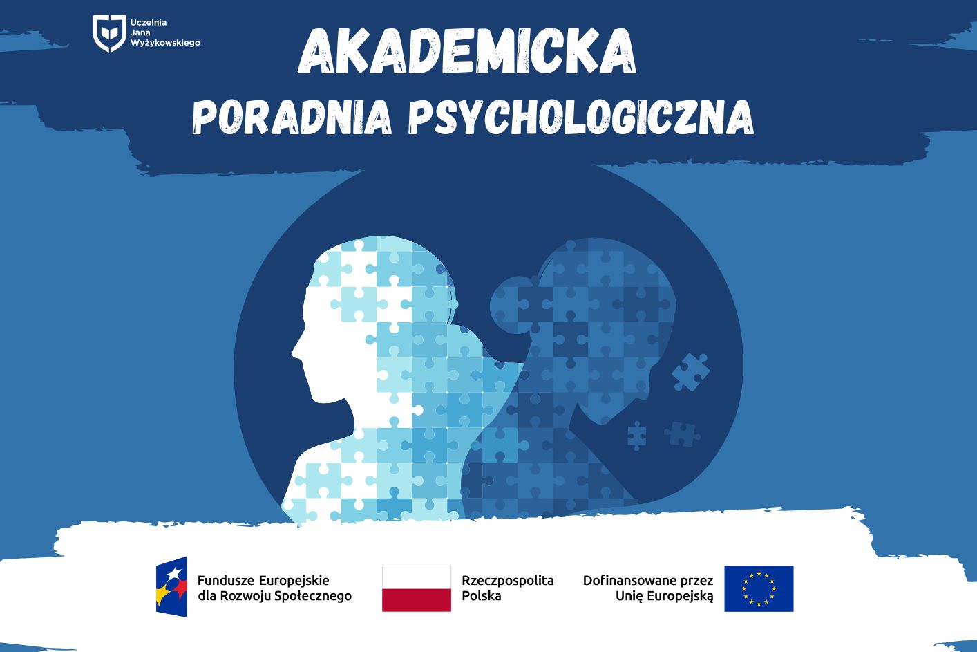 grafika twarzy z puzzli, loga ue na niebieskim tle