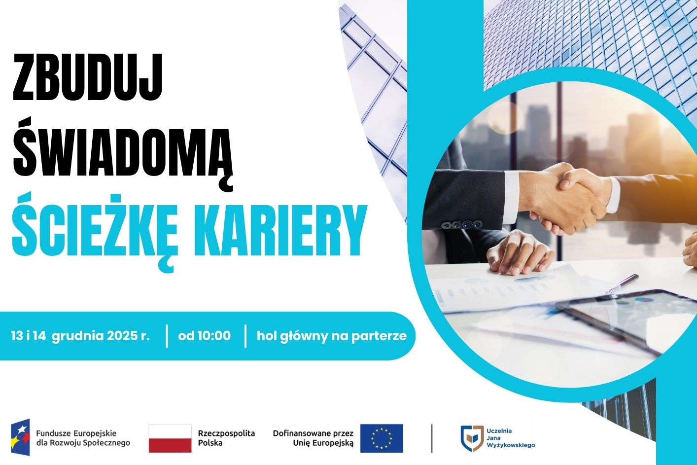 czarny napis zbuduj świadomą ścieżkę kariery. Niebieskie elementy i zdjęcia biurowe