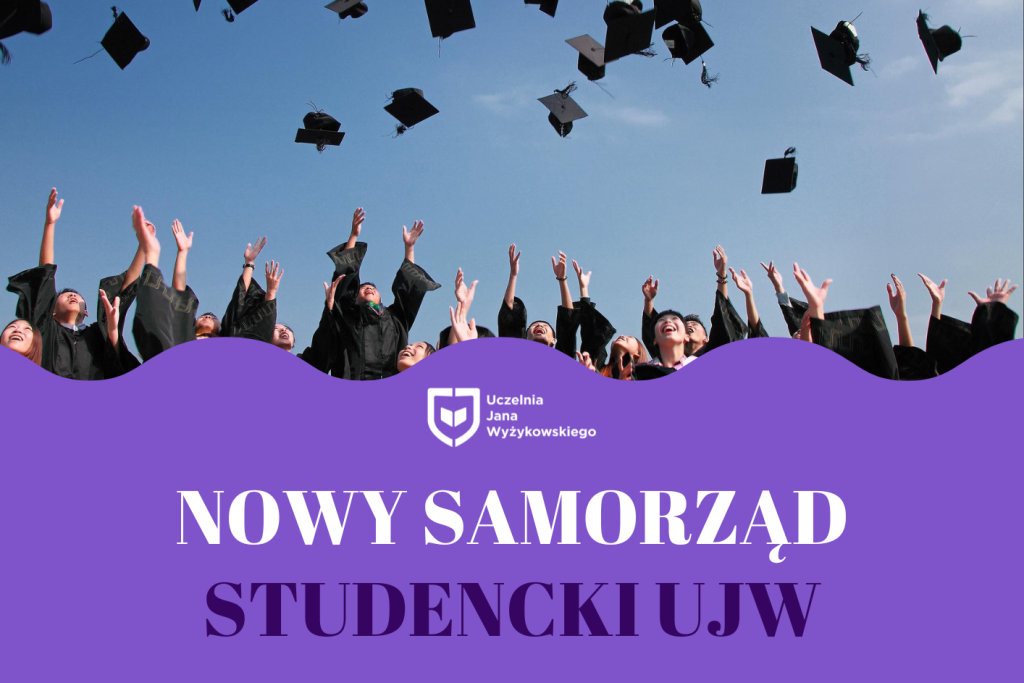napis : nowy samorząd studencki ujw na tle studentów rzucających czapki do góry