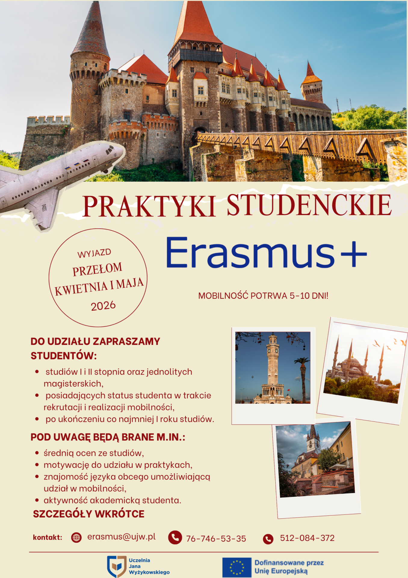 Plakat praktyk studenckich Erasmus+ w Rumunii, z fotografiami zamku i miejsc odwiedzanych podczas wyjazdu.