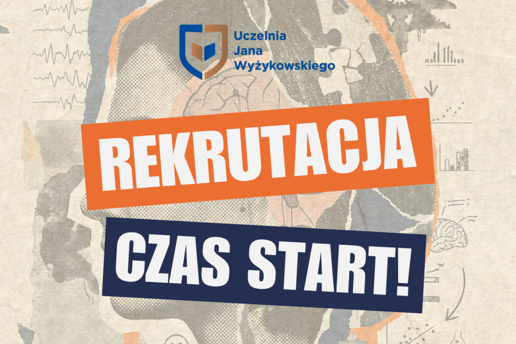 UJW - Rekrutacja, czas start! Napis na tle ilustracji związanych z nauką.