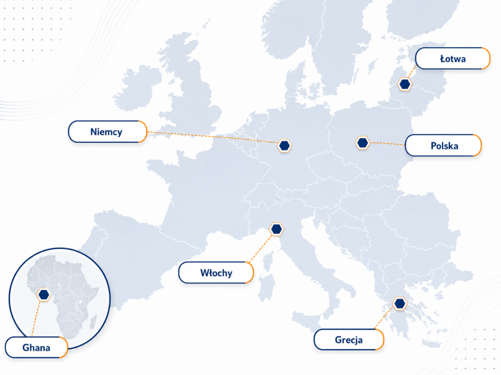 Mapa partnerów projektu H2VE w Niemczech, Polsce, Łotwie, Włoszech, Grecji i Ghanie
