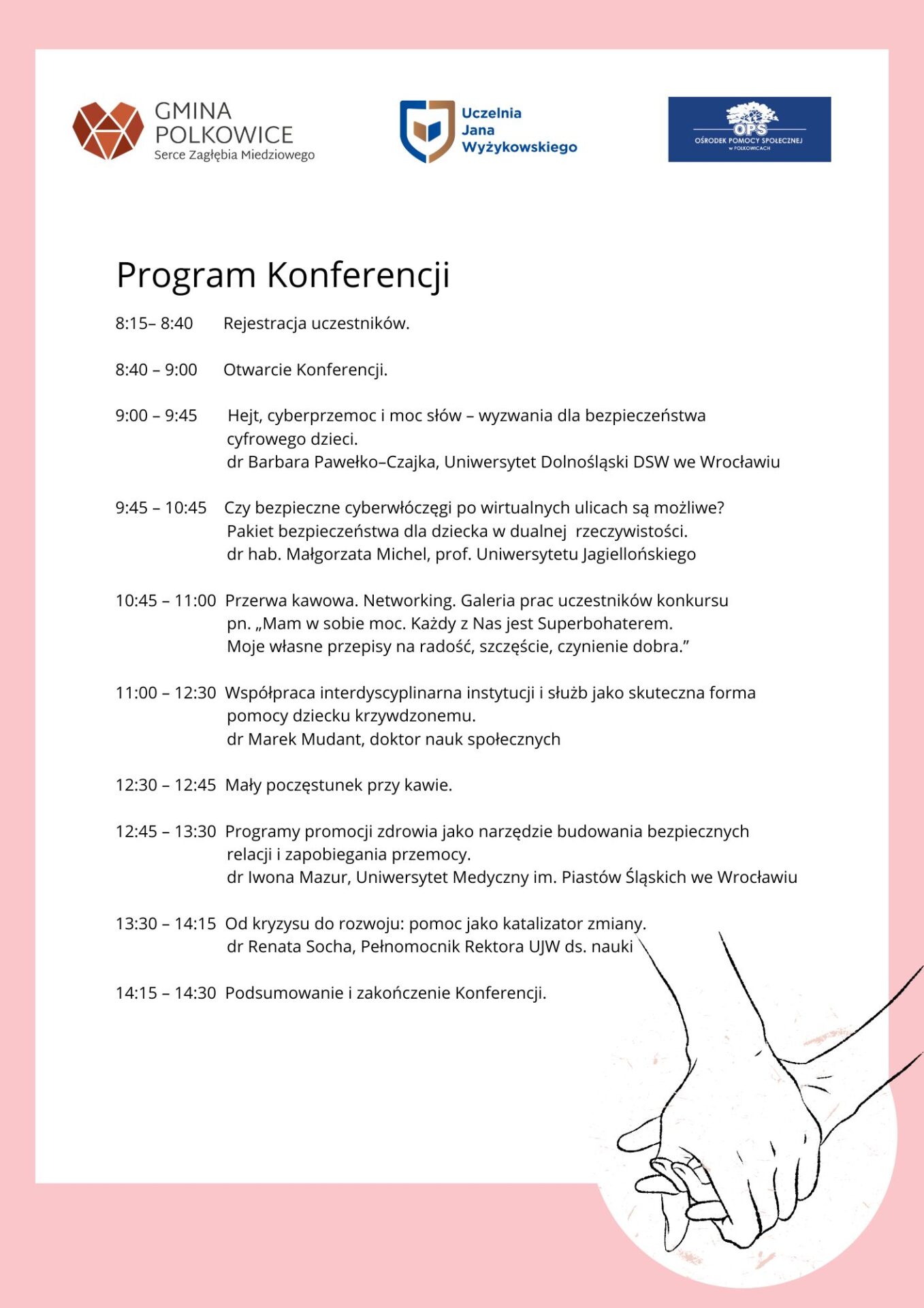Program II konferencji Pomoc daje moc! - harmonogram od 8:15 do 14:30; pełna treść w tabeli powyżej.