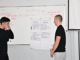 Uczniowie omawiają zapisane na arkuszu pomysły przed tablicą w sali lekcyjnej.