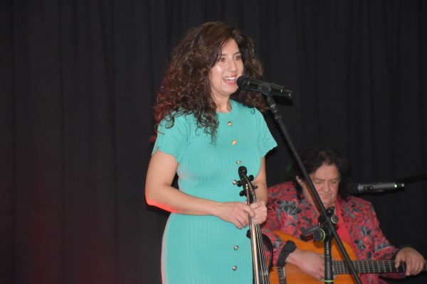 Artystka w turkusowej sukni przy mikrofonie trzyma skrzypce, za nią siedzi gitarzysta.