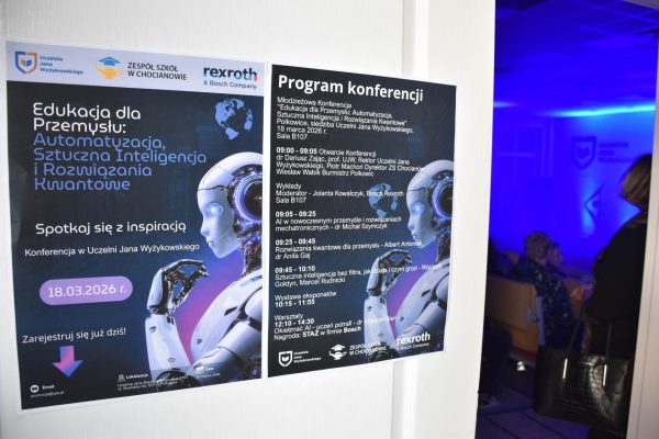 Plakat i program konferencji „Edukacja dla Przemysłu: Automatyzacja, Sztuczna Inteligencja i Rozwiązania Kwantowe”.