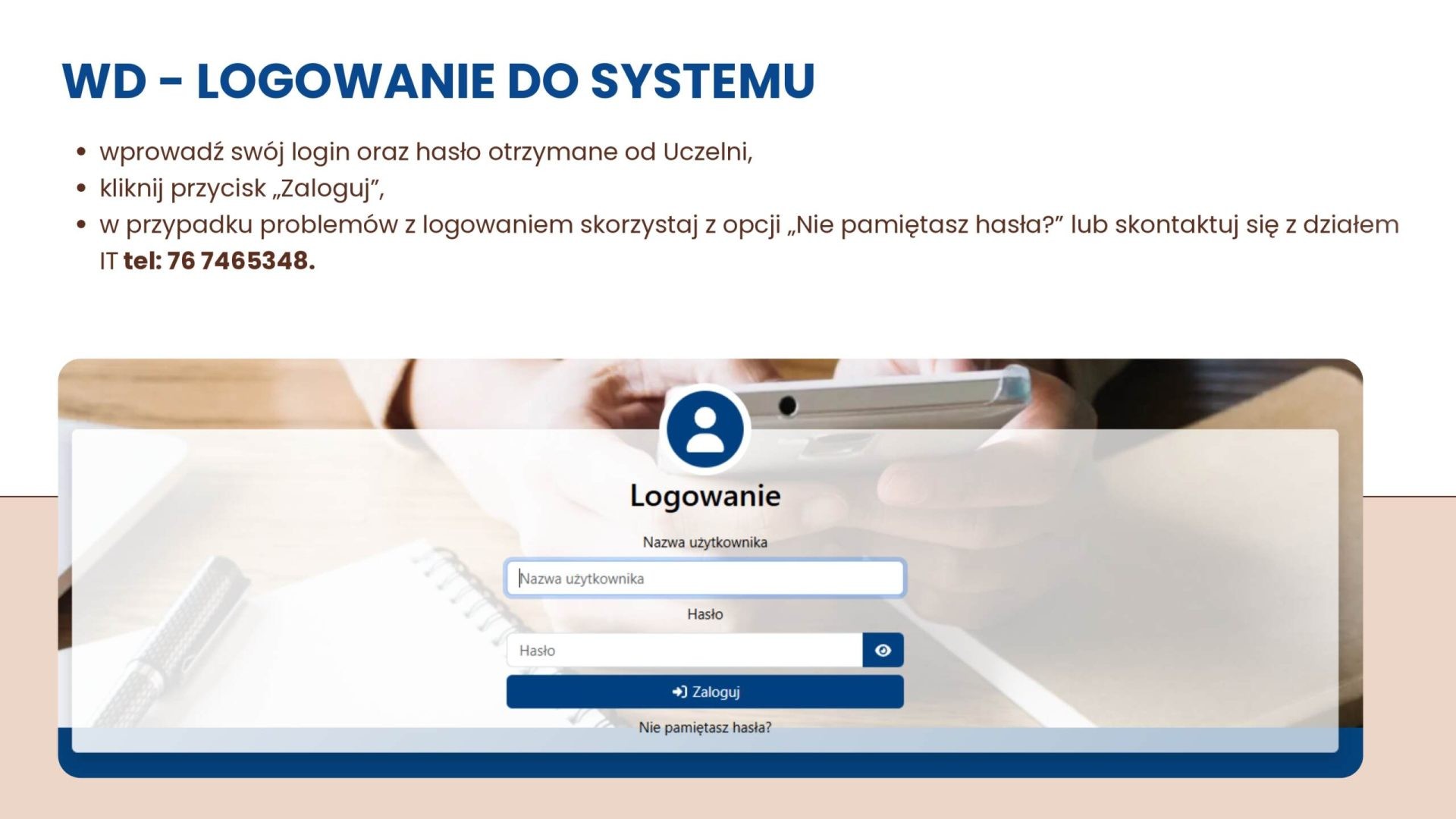 Logowanie do Wirtualnego Dziekanatu: podaj login i hasło otrzymane od uczelni, kliknij „Zaloguj”. Przy problemach wybierz „Nie pamiętasz hasła?” lub skontaktuj się z IT.
