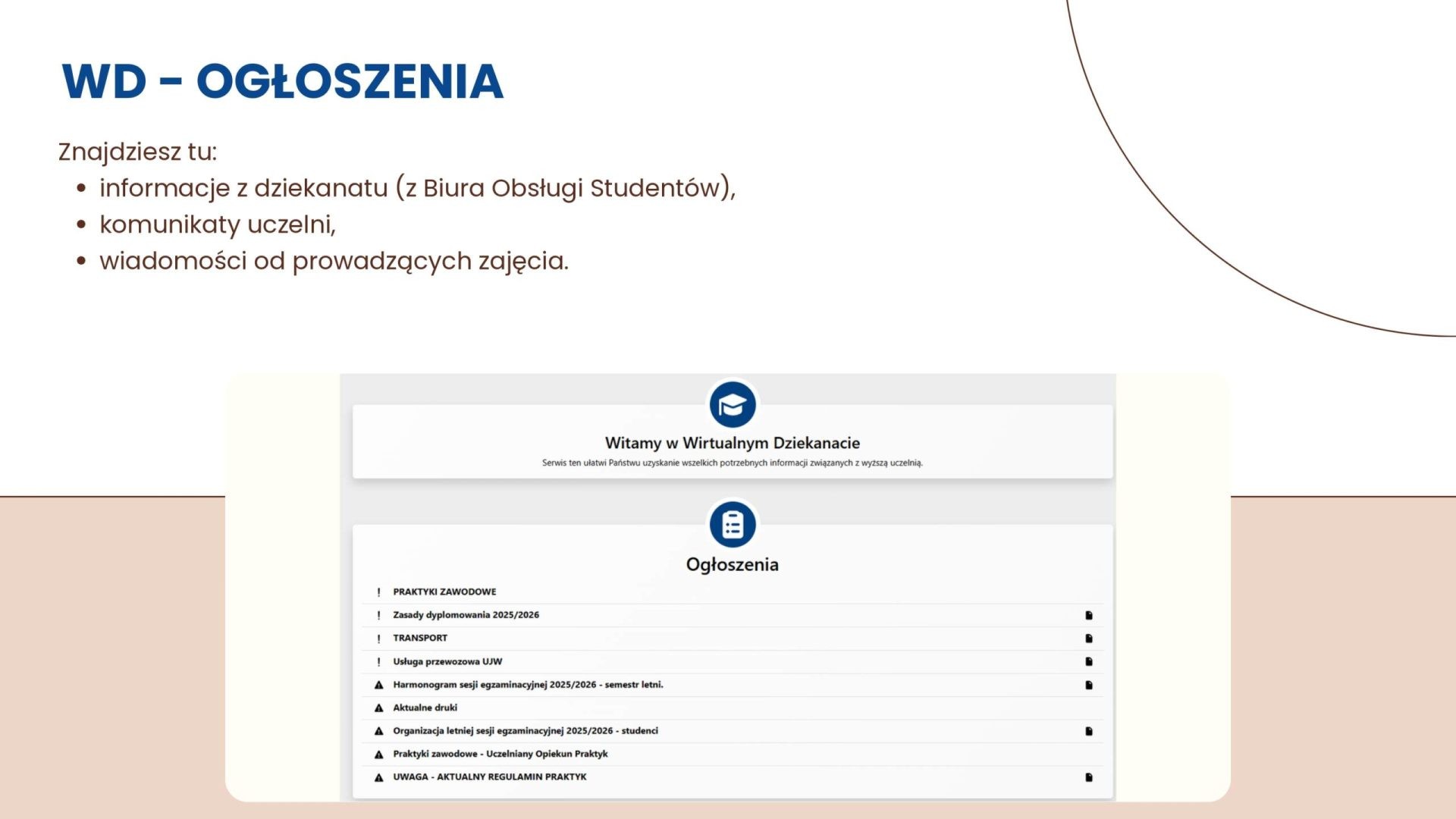Ogłoszenia w Wirtualnym Dziekanacie: informacje dziekanatu, komunikaty uczelni i wiadomości od prowadzących.