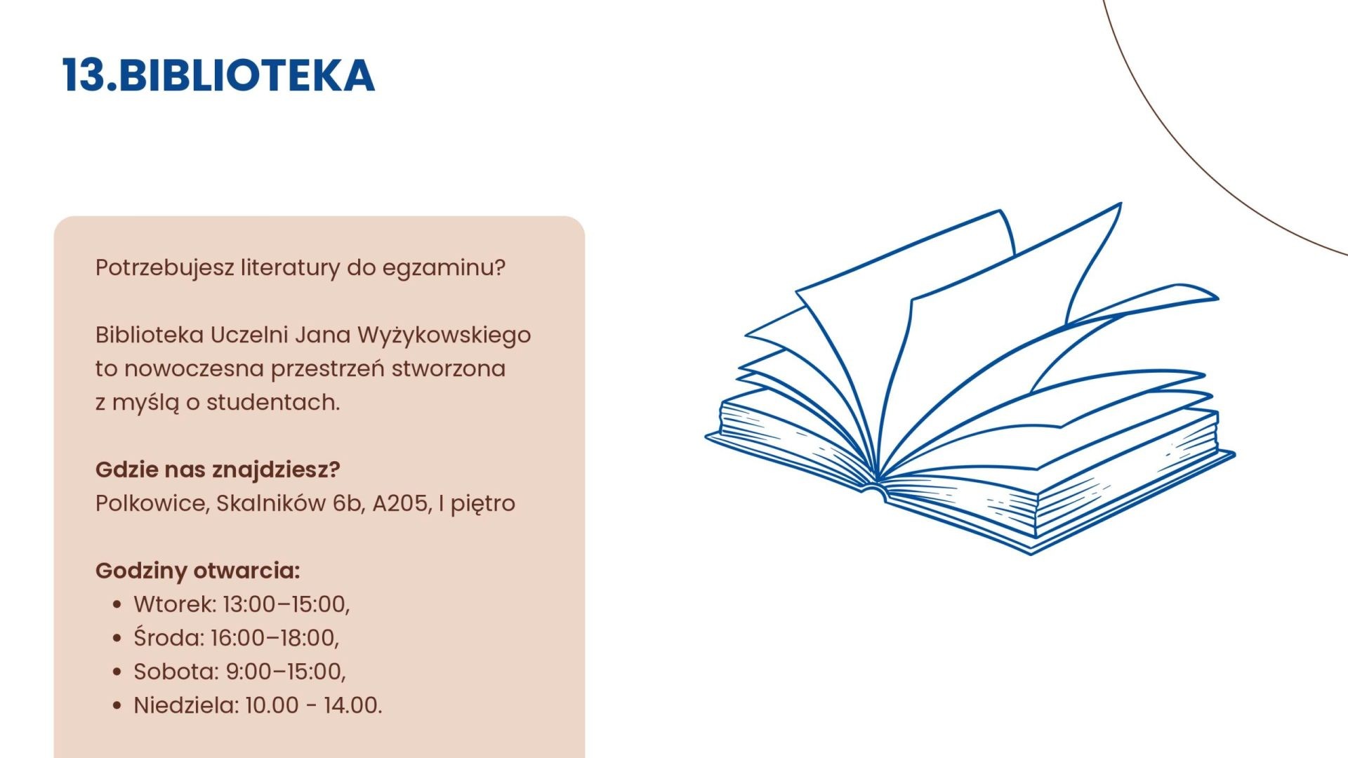 Biblioteka UJW w Polkowicach, ul. Skalników 6b, sala A205 na pierwszym piętrze. Informacje o lokalizacji i godzinach otwarcia.