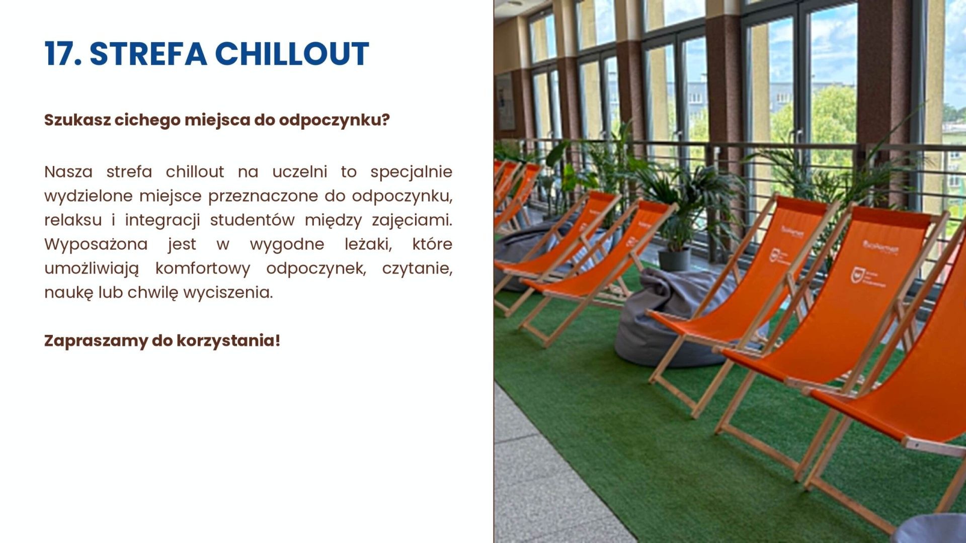 Strefa chillout UJW z leżakami służy odpoczynkowi, relaksowi i integracji między zajęciami.