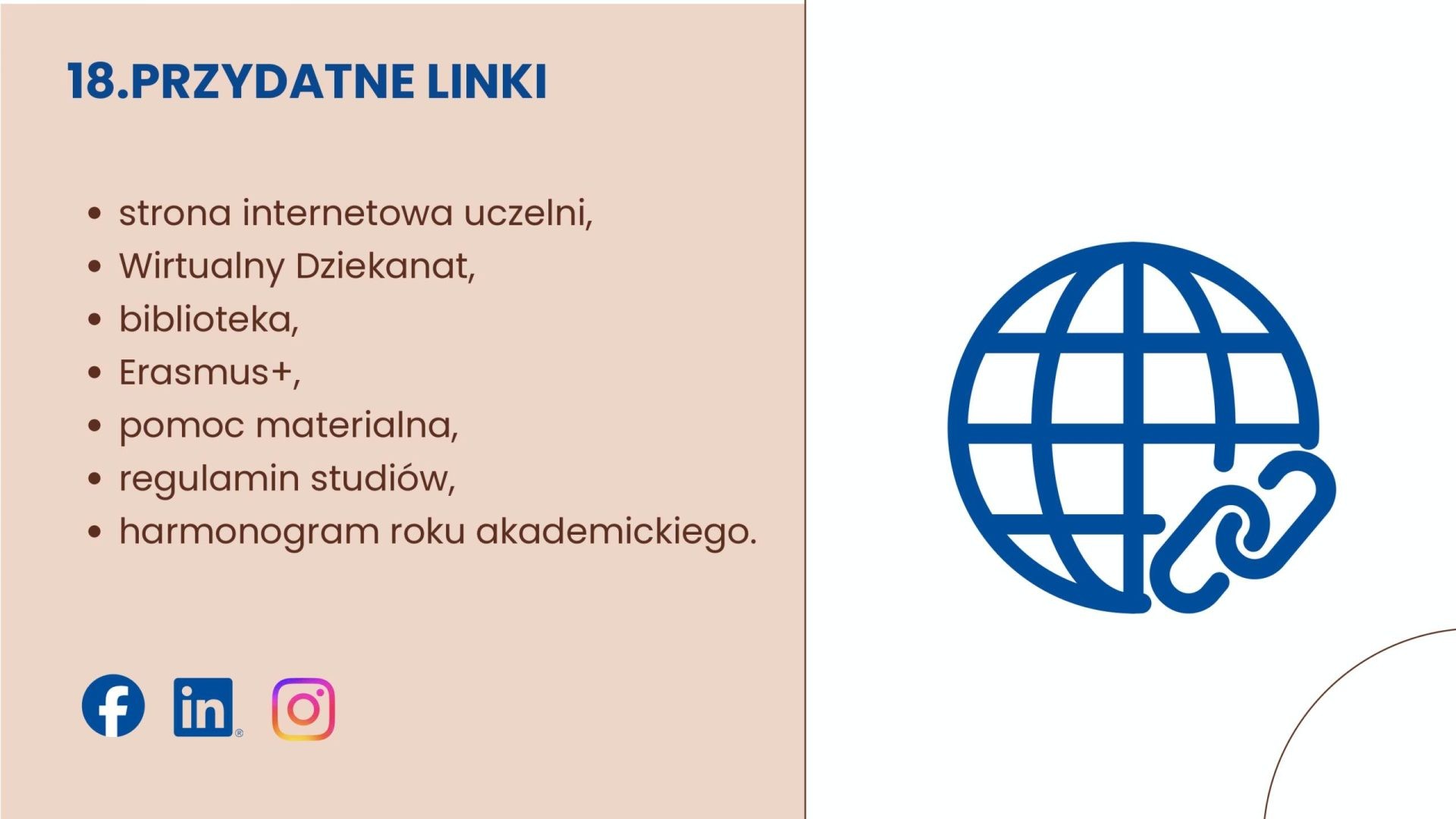 Przydatne linki: strona uczelni, Wirtualny Dziekanat, biblioteka, Erasmus+, pomoc materialna, regulamin studiów i harmonogram roku akademickiego.